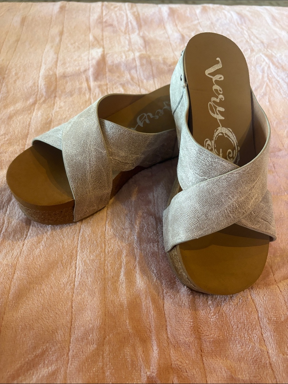 Very G Metallic Crisscross Platform Mules in Light Gold